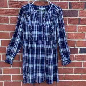 LOFT PLAID RUFFLE SWING PLEADDED DRESS SIZE XSMALL